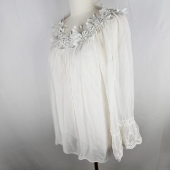 Tempo Paris Blouse Size Large Silk White Floral Lace Fairy Whimsy - Picture 4 of 13